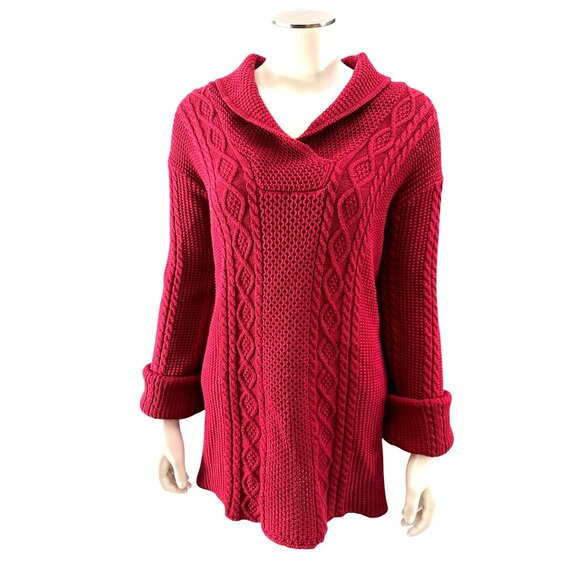 Jeanne Pierre Woman 2X Red Cotton Cable Knit Sweater Shawl Collar Cozy Citycore - Picture 2 of 10